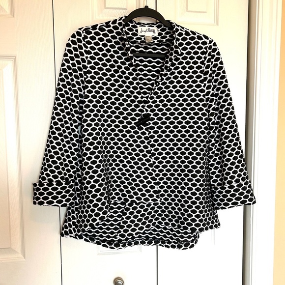 Joseph Ribkoff Asymmetrical One Button Wrap Front Jacket Black/White PrintSize 4 - Picture 3 of 14